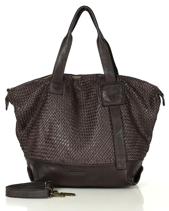 Ciemnobrązowa torebka pleciona shopper A4 z miękkiej włoskiej skóry Marco Mazzini