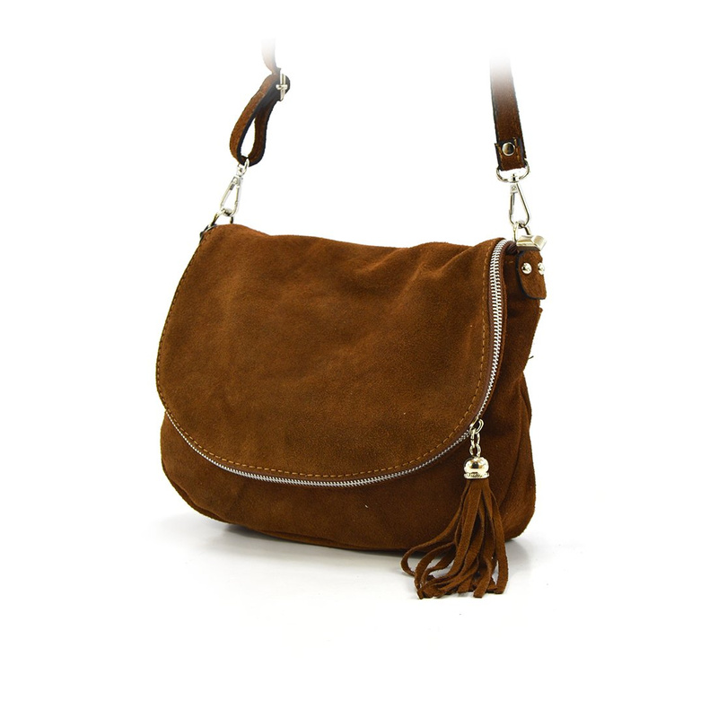 Damska listonoszka skórzana z brelokiem frędzle