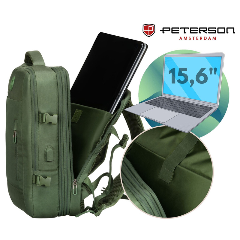 Zielony plecak podróżny z miejscem na laptopa i portem USB - Peterson