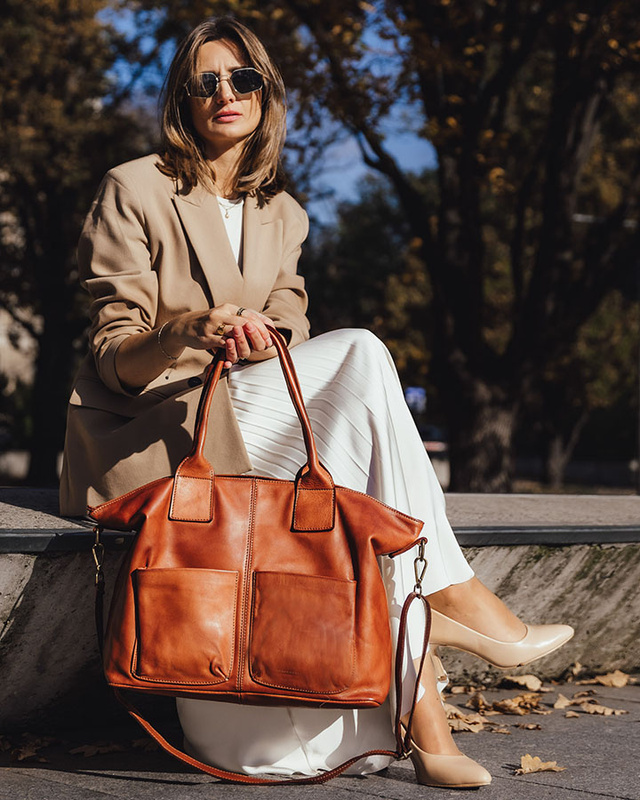 Torebka skórzana shopper bag - MARCO MAZZINI camel