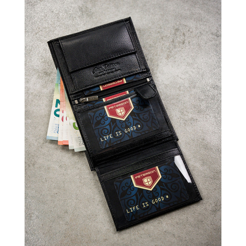 Zestaw prezentowy: skórzany, pionowy portfel męski w czarnym kolorze z systemem RFID i pasek ze skóry ekologicznej - Peterson