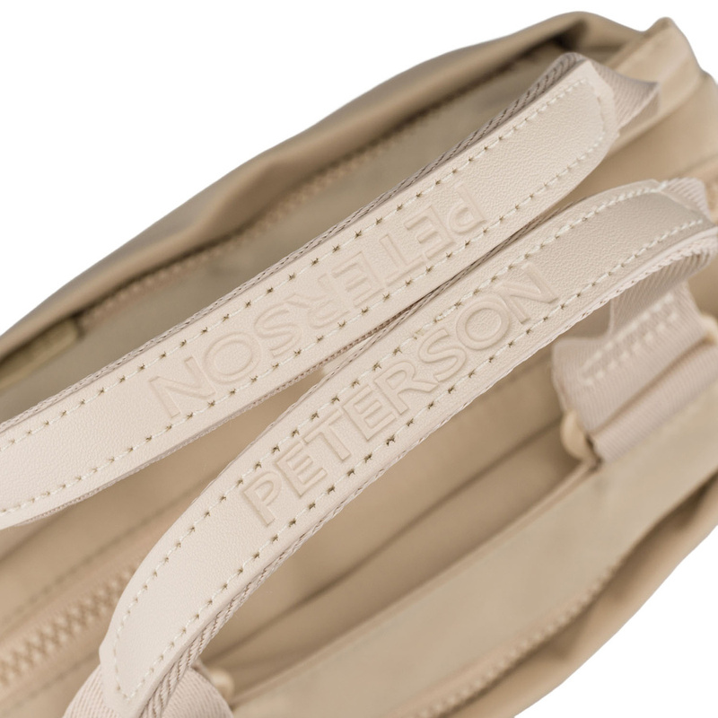 Beżowa, praktyczna listonoszka damska z poliestru zawieszona na uchwytach i doczepianym pasku - Peterson