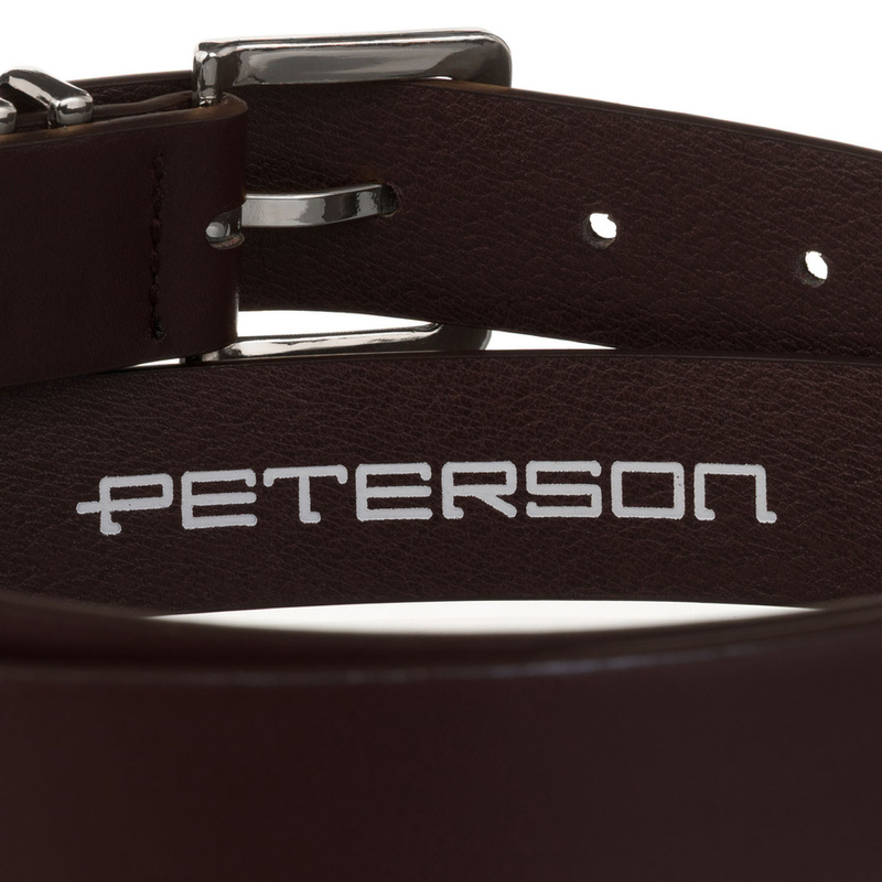 Ciemnobrązowy, wąski pasek damski ze skóry ekologicznej ze srebrną klamrą - Peterson