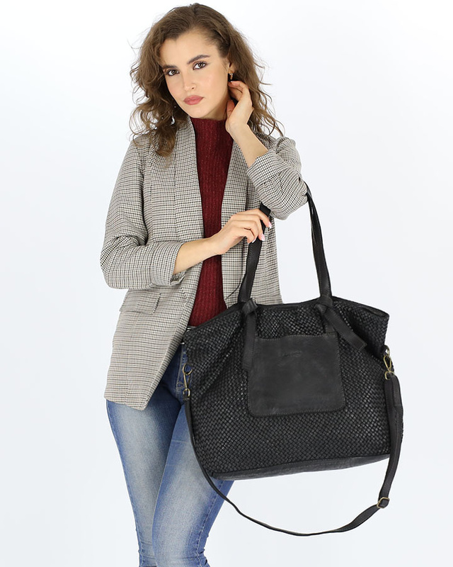 Oryginalna torebka pleciona damska skórzany shopper bag - MARCO MAZZINI czarna