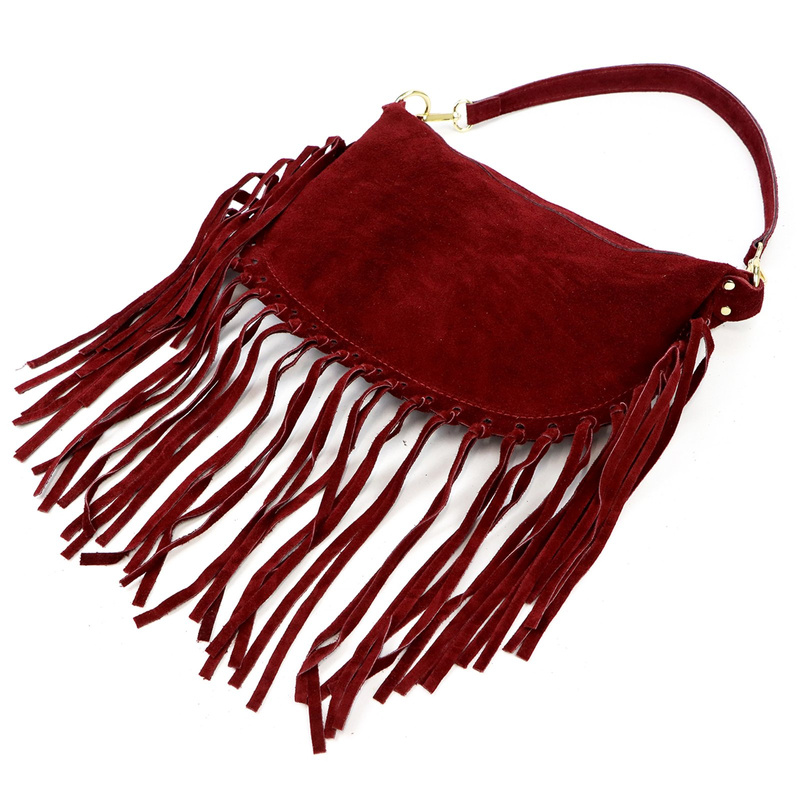 Luka Zamszowa damska listonoszka skórzana z frędzlami torebka na ramię