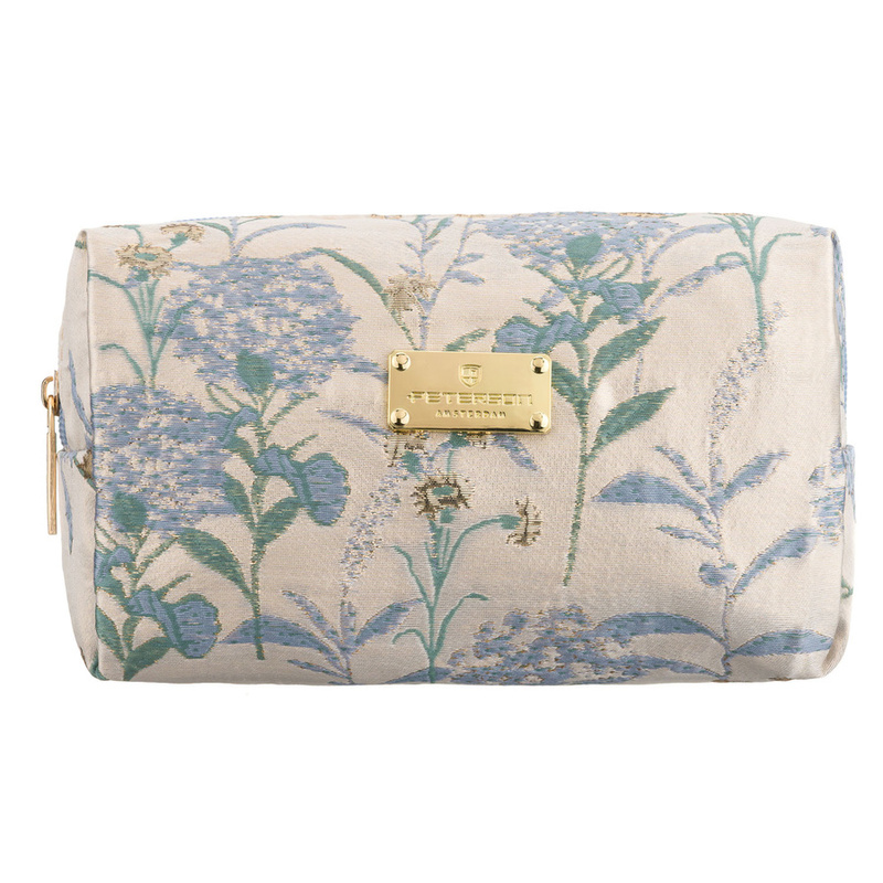 Kosmetyczka z poliestru w błękitnym kolorze, jednokomorowa i ozdobiona kwiatowym wzorem - Peterson