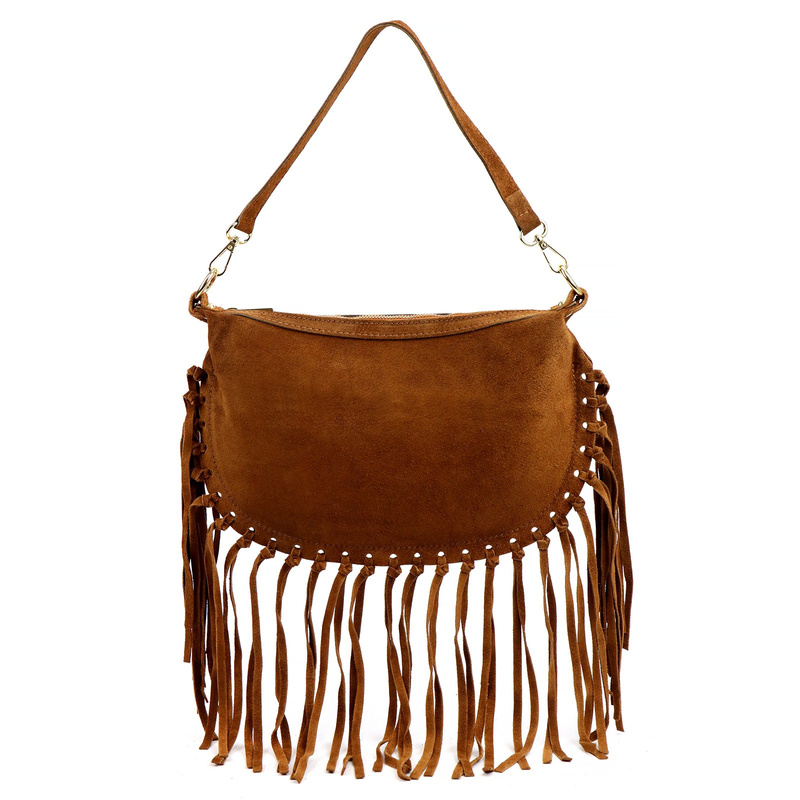 Luka Zamszowa damska listonoszka skórzana z frędzlami torebka na ramię