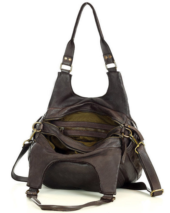 Włoska torebka skórzana z kieszenią z przodu retro bag handmade - MARCO MAZZINI ciemny brąz caffe