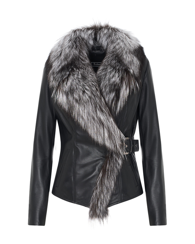 Damska kurtka skórzana z futrzanym dekoltem ciepły fason