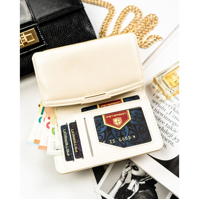 Portfel damski ze skóry ekologicznej w kolorze ecru, wyposażony w system RFID - Peterson