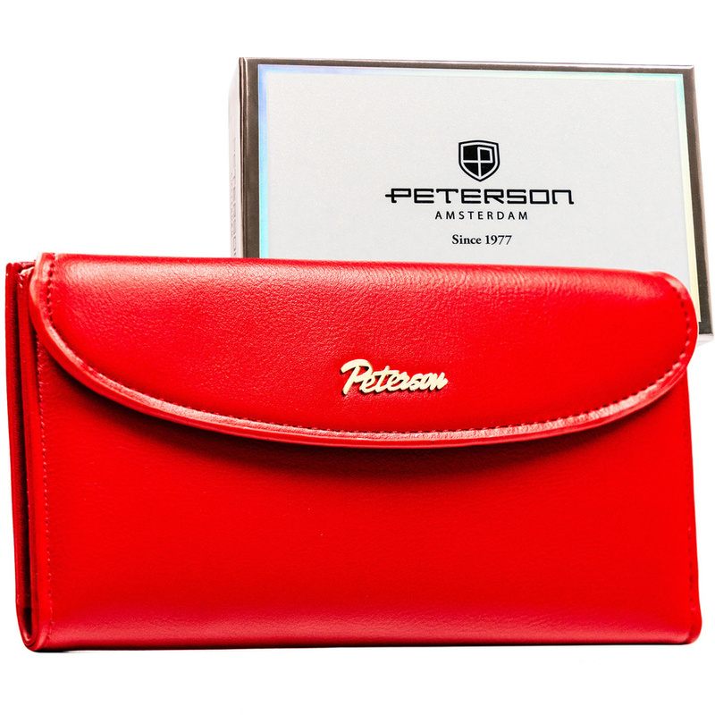 Czerwony, gładki portfel damski ze skóry ekologicznej zamykany na zatrzask magnetyczny - Peterson