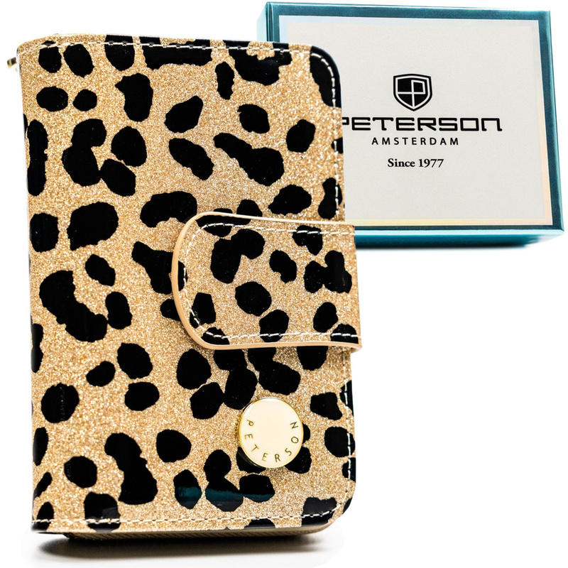 Złoty, pionowy portfel damski ze skóry ekologicznej i naturalnej w cętki - Peterson