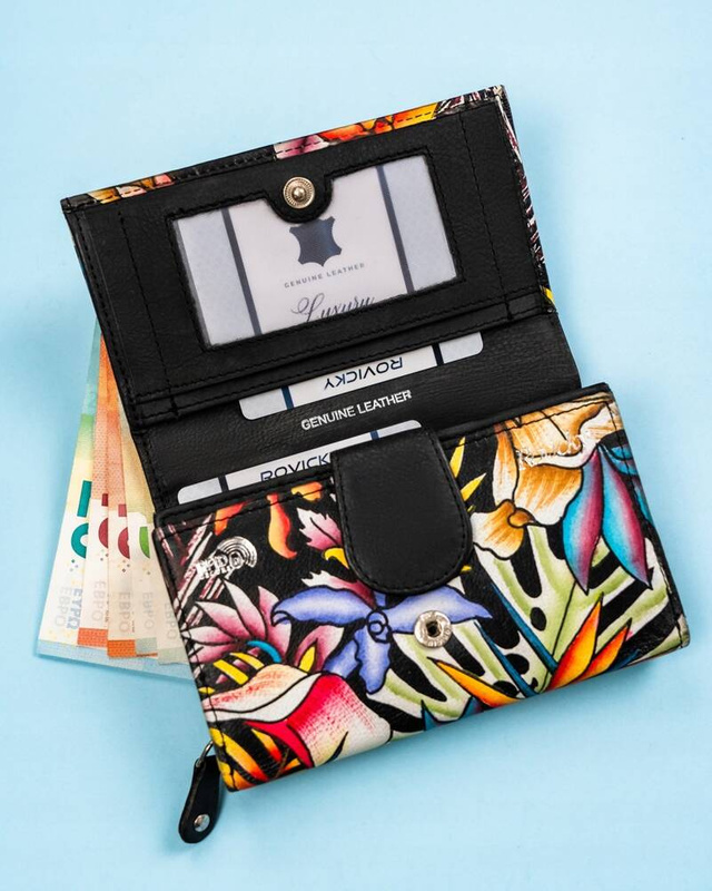 Rovicky Pojemny skórzany portfel damski na zatrzask roślinny wzór