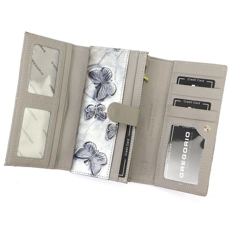 Gregorio damski portfel podłużny skóra naturalna wzór motyle lakierowana