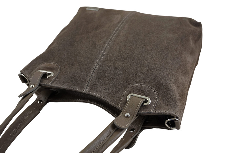 Duża elegancka torebka z naturalnej skóry i zamszu - Beżowa ciemna