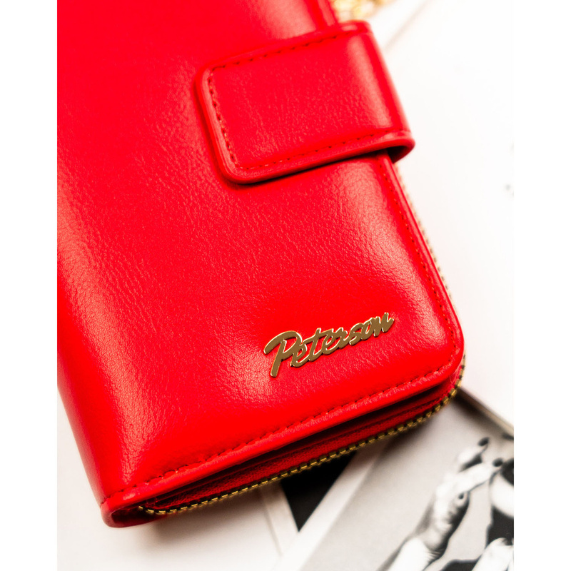 Czerwony, pionowy portfel damski ze skóry ekologicznej, mieszczący dowód rejestracyjny - Peterson