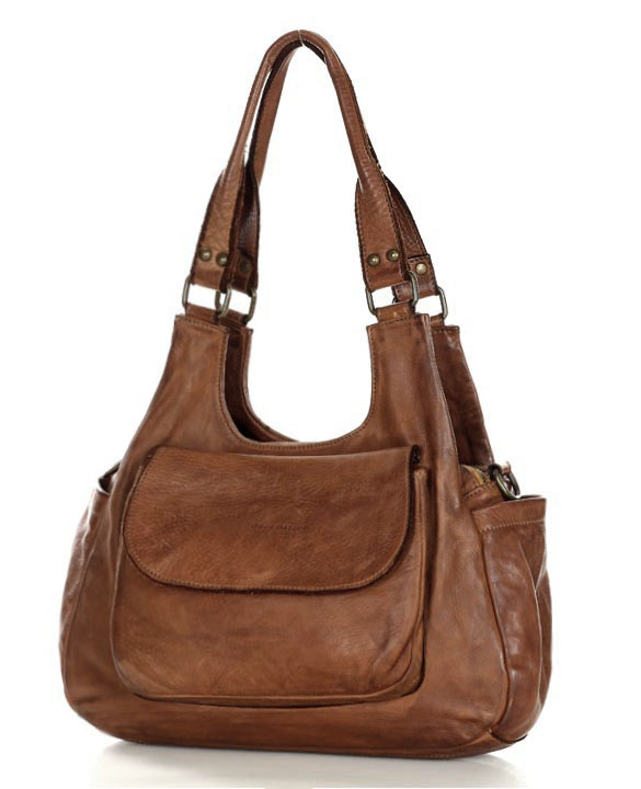 Włoska torebka skórzana z kieszenią z przodu retro bag handmade - MARCO MAZZINI czekoladowy brąz