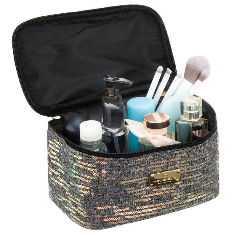 Czarna, podróżna kosmetyczka z tkaniny syntetycznej ozdobiona cekinami - Peterson