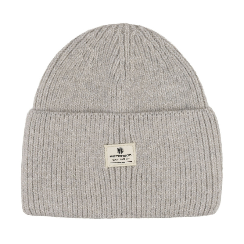 Szara, zimowa czapka damska beanie z logo marki - Peterson