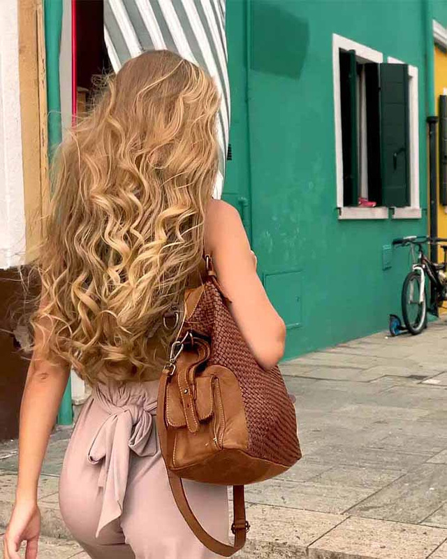 Miejska torebka z regulowanymi rączkami shopper pleciona skóra handmade - MARCO MAZZINI brąz karmel