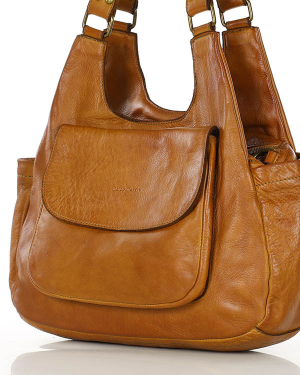 Włoska torebka skórzana z kieszenią z przodu retro bag handmade - MARCO MAZZINI brąz camel