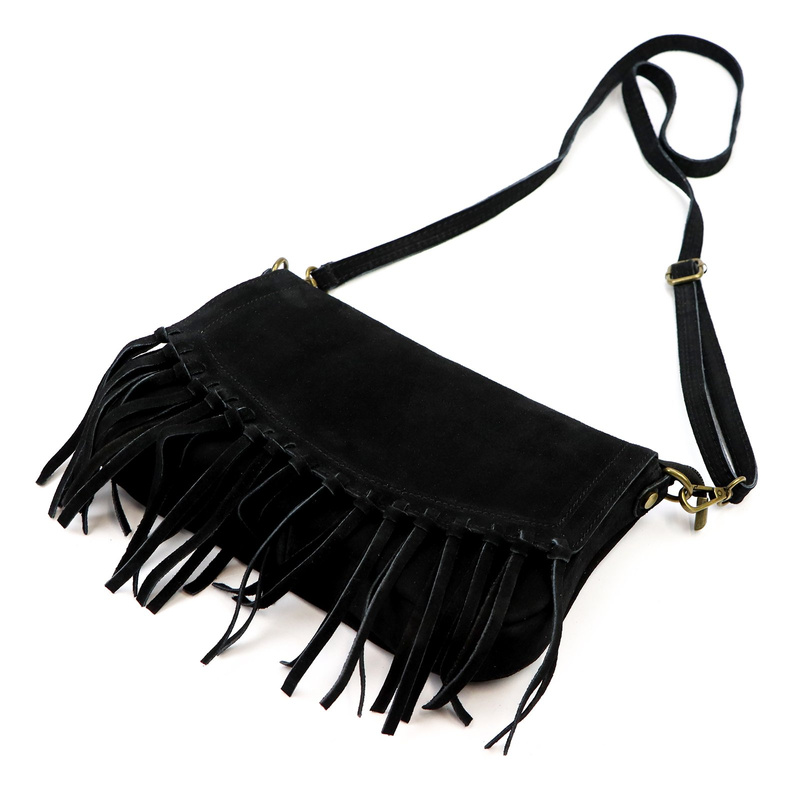 Zamszowa skórzana damska listonoszka z frędzlami torebka na ramię Luka