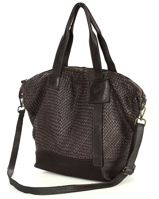 Ciemnobrązowa torebka pleciona shopper A4 z miękkiej włoskiej skóry Marco Mazzini