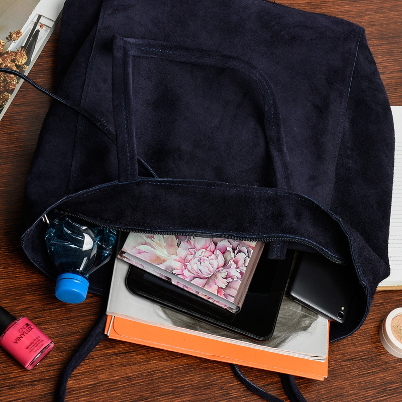 Granatowa Damska Włoska Skórzana Torebka Worek A4 Troczek W18