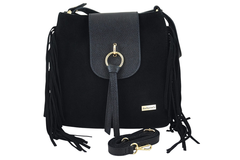 Skórzana torebka boho z frędzlami - Czarna