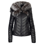 Bukowski Ocieplana kurtka skórzana damska z kapturem obszywanym lisem