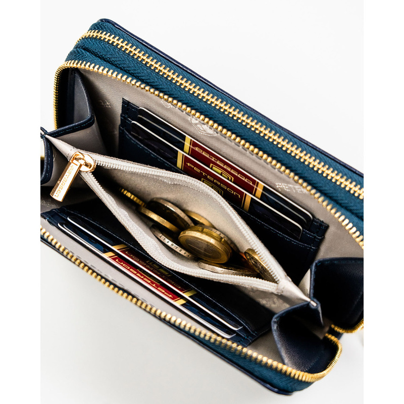 Granatowy portfel damski w typie piórnika ze skóry ekologicznej zamykany suwakiem - Peterson