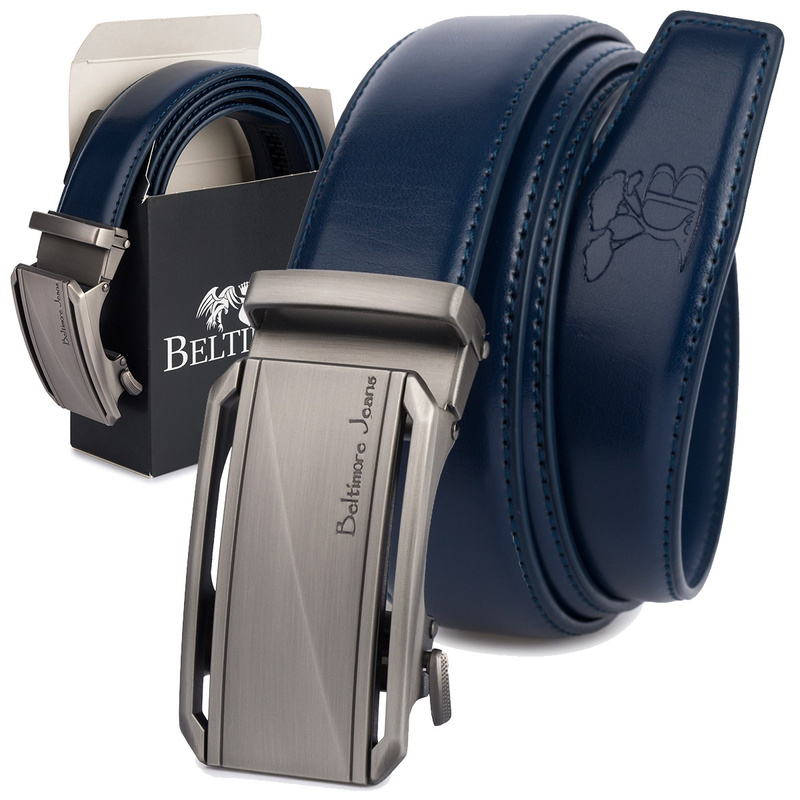 Pasek męski skórzany klamra automatyczna granatowy Beltimore A51 : Kolory - granatowy, Rozmiar pasków - r.100-115 cm