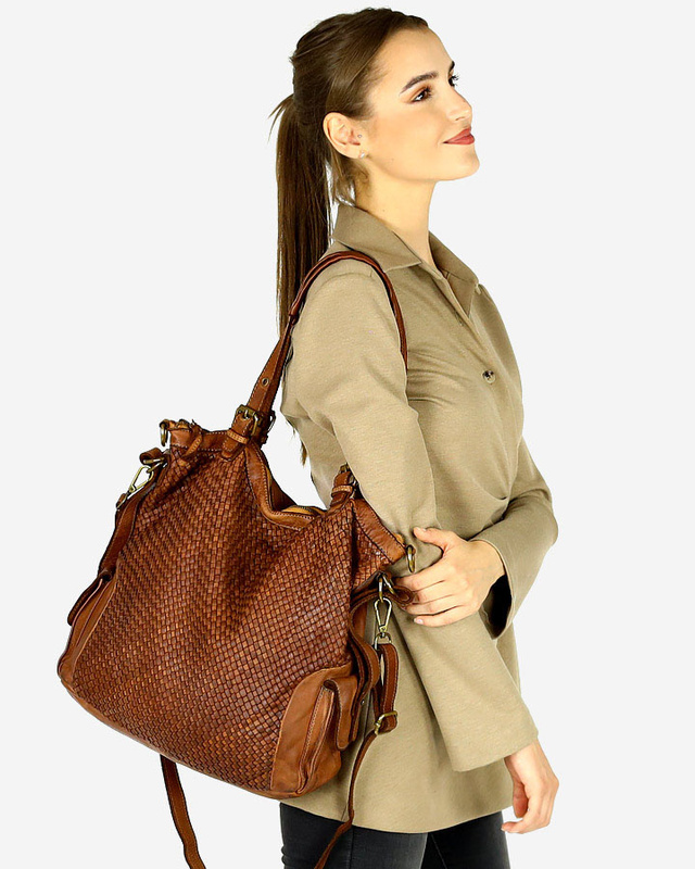 Miejska torebka z regulowanymi rączkami shopper pleciona skóra handmade - MARCO MAZZINI brąz karmel