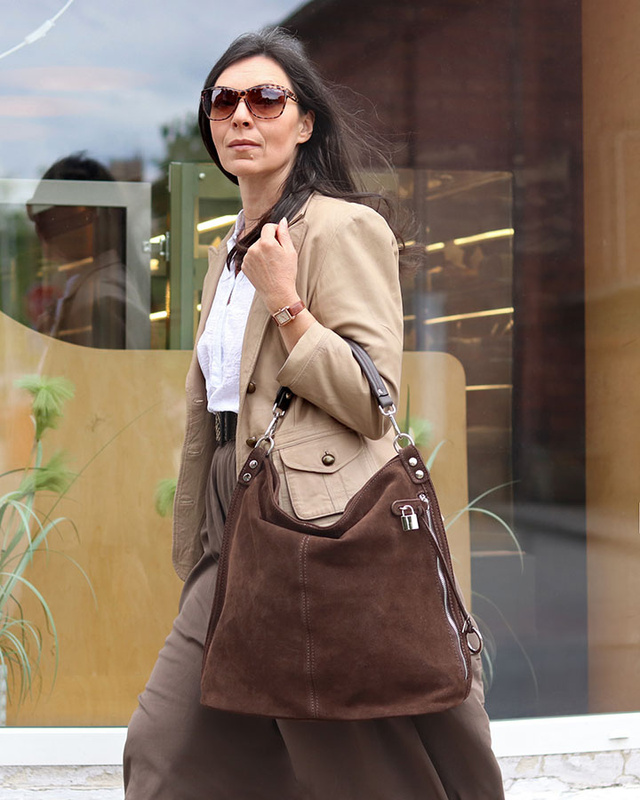 Torebka skórzana ponadczasowy design worek na ramię XL hobo leather bag - MARCO MAZZINI nubuk brąz caffe