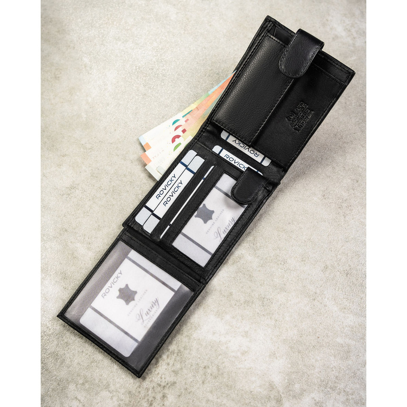 Duży, czarny portfel męski ze skóry naturalnej wyposażony w system RFID, zamykany na zatrzask - Rovicky