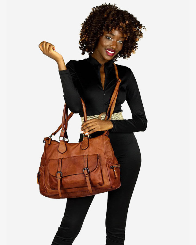 Pojemna torba damska na ramię z kieszeniami skóra naturalna - MARCO MAZZINI brąz camel