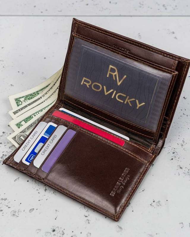 Rovicky męski składany portfel skóra naturalna rozbudowany pionowy RFID