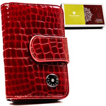 Pionowy, czerwony portfel damski ze skóry naturalnej zamykany na suwak i zatrzask - Peterson