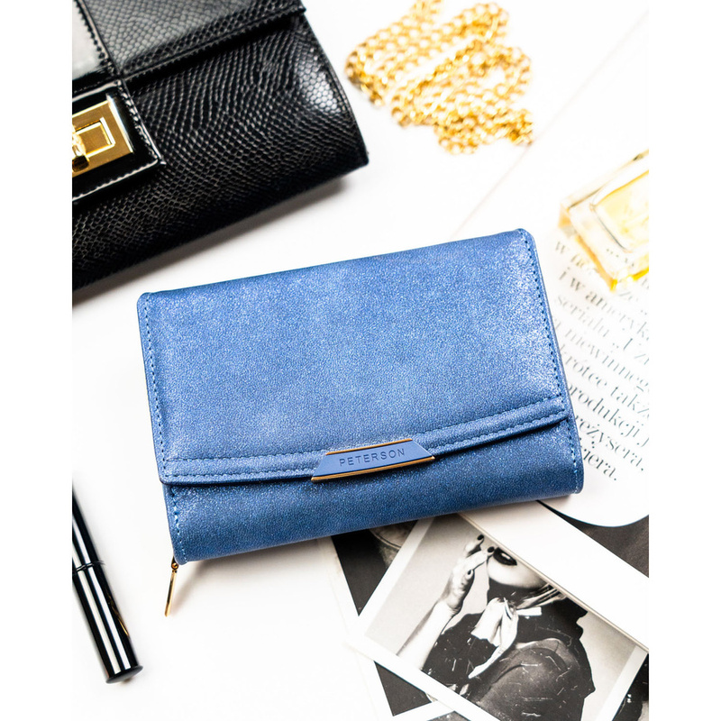 Granatowy portfel damski ze skóry ekologicznej wyposażony w system RFID - Peterson