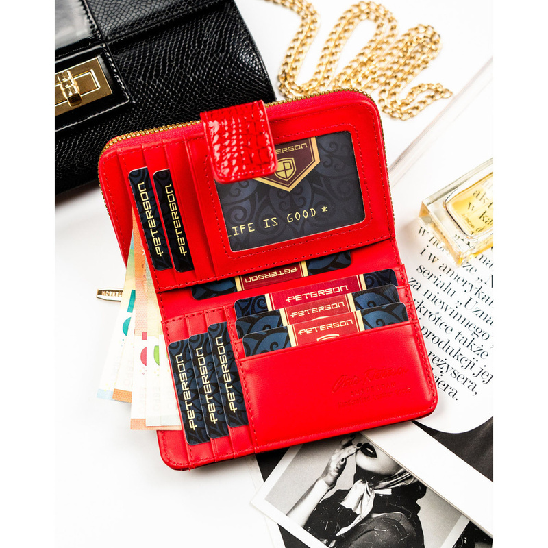 Duży, czerwony portfel damski ze skóry ekologicznej z tłoczeniem na wzór skóry krokodyla - Peterson