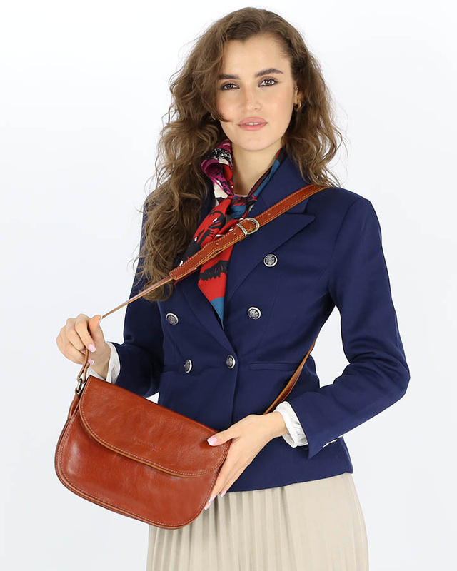 Skórzana torebka saddle bag półksiężyc sztywna skóra - MARCO MAZZINI brąz camel