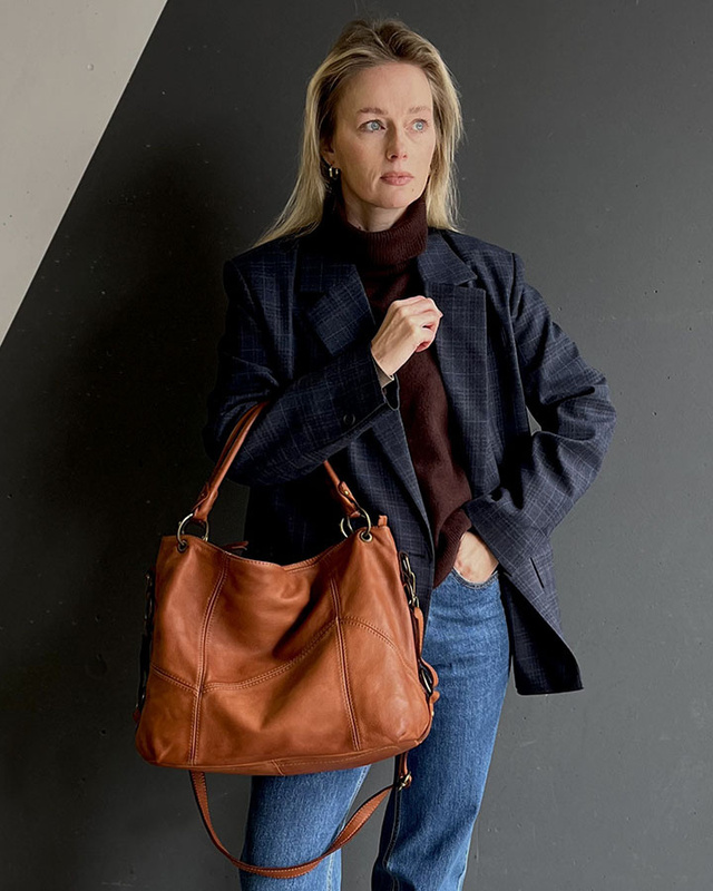 MARCO MAZZINI Miejska torebka skórzana na ramię city sholder handmade bag brąz camel