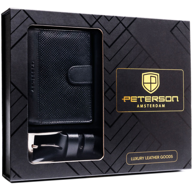 Zestaw prezentowy: skórzany, pionowy portfel męski w czarnym kolorze i czarny pasek ze skóry ekologicznej - Peterson