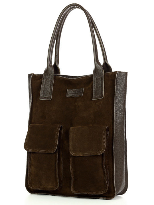Torebka zamszowa shopper bag z kieszeniami skóra naturalna - MARCO MAZZINI ciemny brąz
