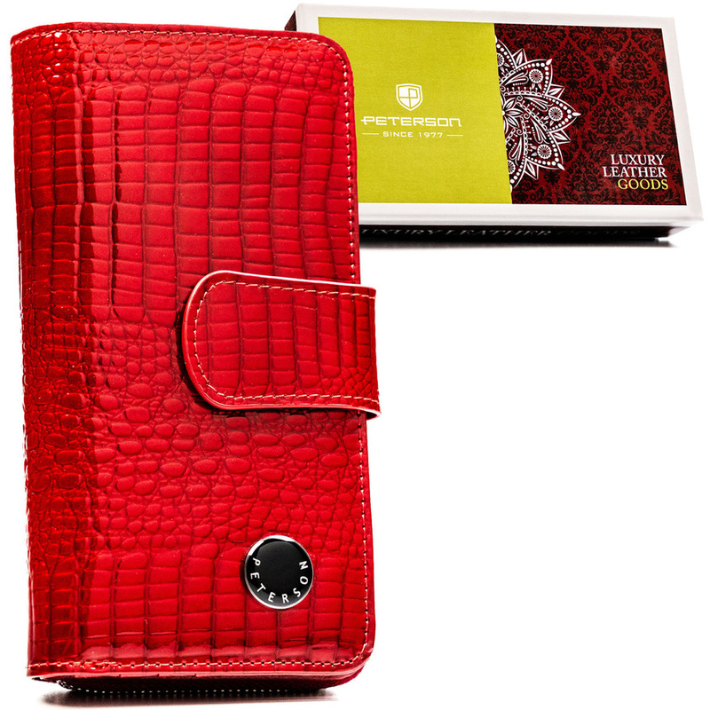 Duży, czerwony portfel damski ze skóry naturalnej zamykany na suwak i zatrzask - Peterson