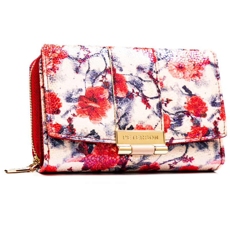 Wielokolorowy portfel damski wykonany ze skóry ekologicznej, ozdobiony kwiatowym wzorem - Peterson