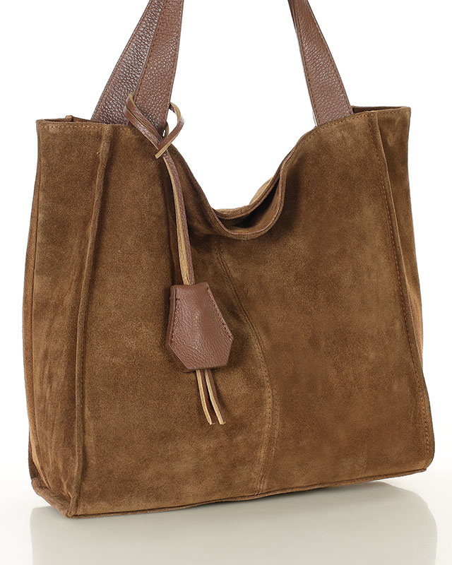 Brązowa torba zamszowa ze skóry typu shopper - MARCO MAZZINI