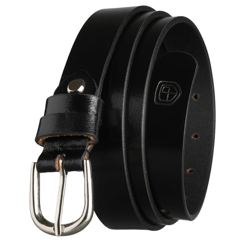 Czarny pasek damski ze skóry naturalnej ze srebrną, klasyczną klamrą - Peterson