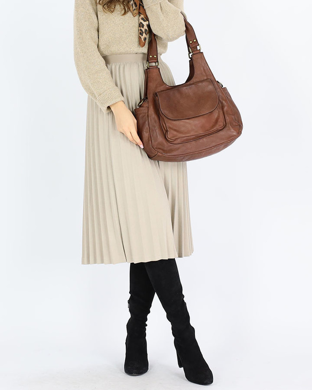 Włoska torebka skórzana z kieszenią z przodu retro bag handmade - MARCO MAZZINI czekoladowy brąz