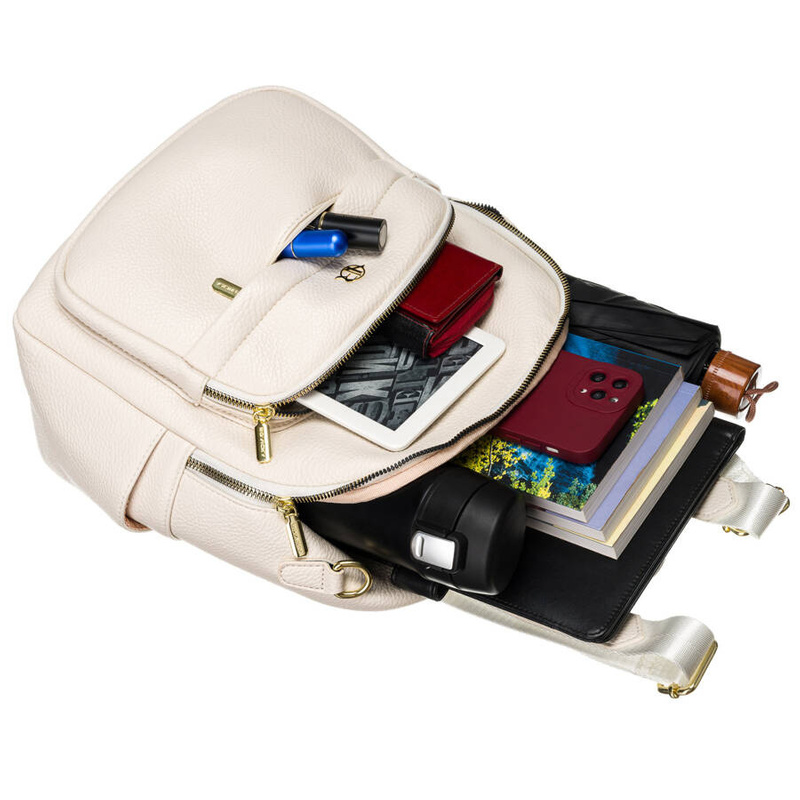 Elegancki plecak damski z bocznymi kieszeniami wykonany ze skóry ekologicznej w beżowym kolorze - Rovicky